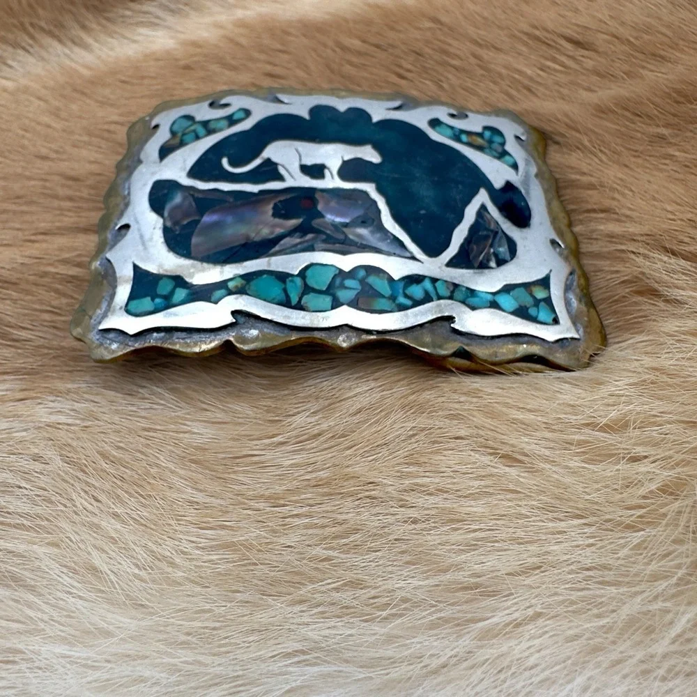 VTG Southwestern Panther Turquoise Abalone Chip Inlay Belt Buckle Mosaic Western